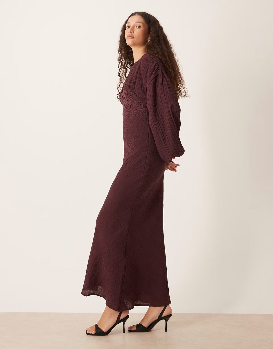 ASOS ASOS DESIGN crew neck maxi dress with volume sleeve and lace bust detail in mulberry - 3