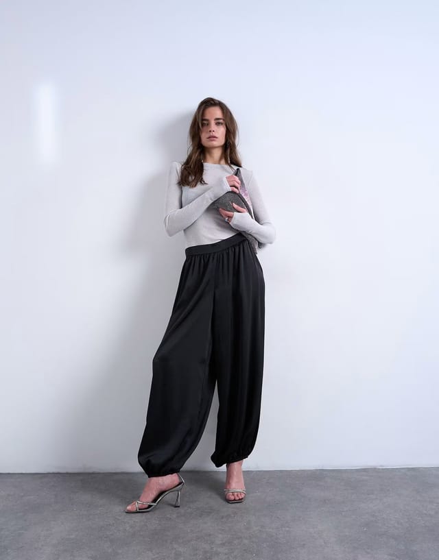 ASOS Topshop satin deep waistband balloon trouser in black - 3