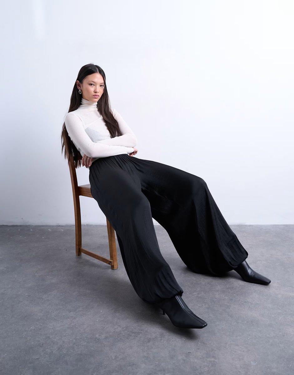 ASOS Topshop satin deep waistband balloon trouser in black - 4