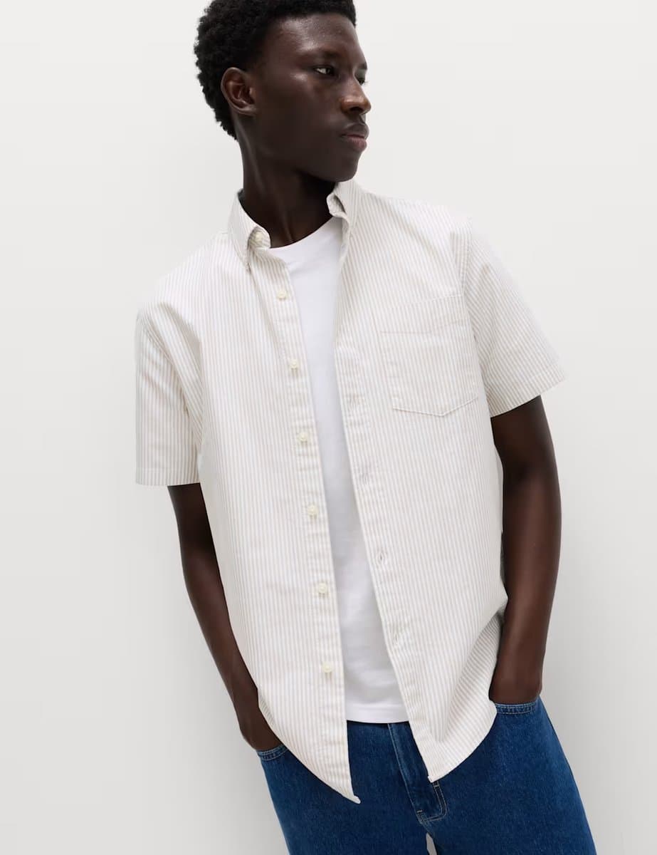 Marks & Spencer M&S Ultimate Pure Cotton Striped Oxford Shirt Ecru Mix