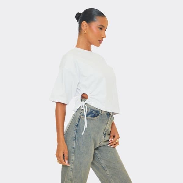 EGO Tie Side Cut Out Detail Oversized T-Shirt In White, Women's Size UK 6