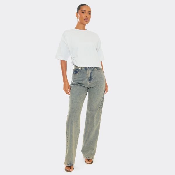 EGO Tie Side Cut Out Detail Oversized T-Shirt In White, Women's Size UK 6 - 2