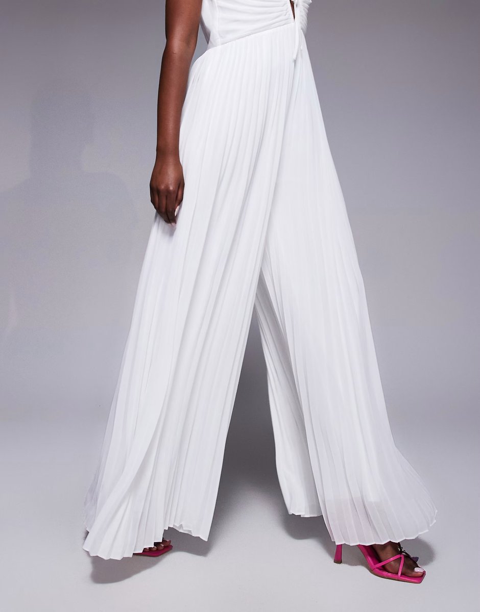 ASOS TFNC pleated wide leg jumpsuit with keyhole detail in cream - 4