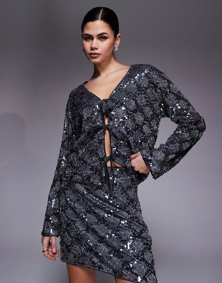 ASOS Object tie front contrast sequin top co-ord in dark silver
