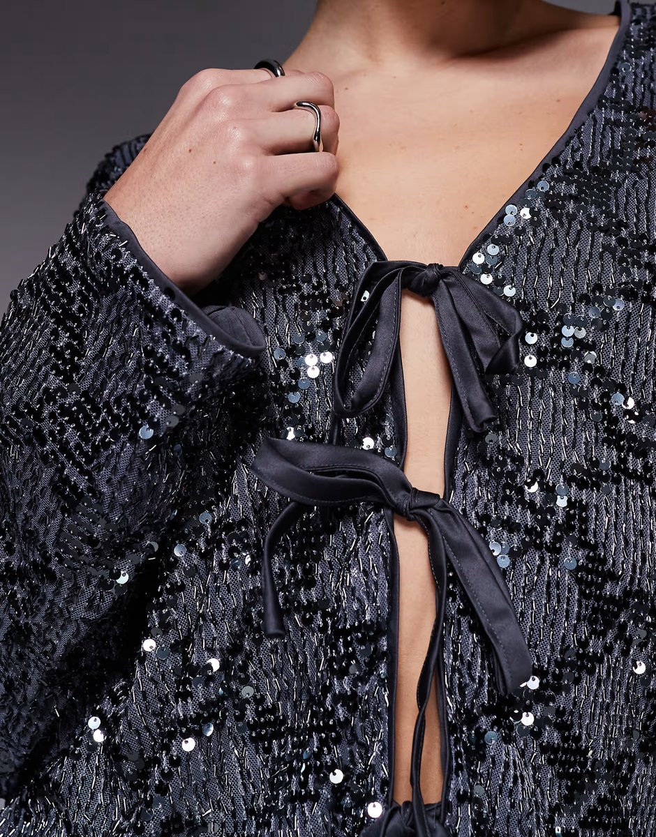 ASOS Object tie front contrast sequin top co-ord in dark silver - 2