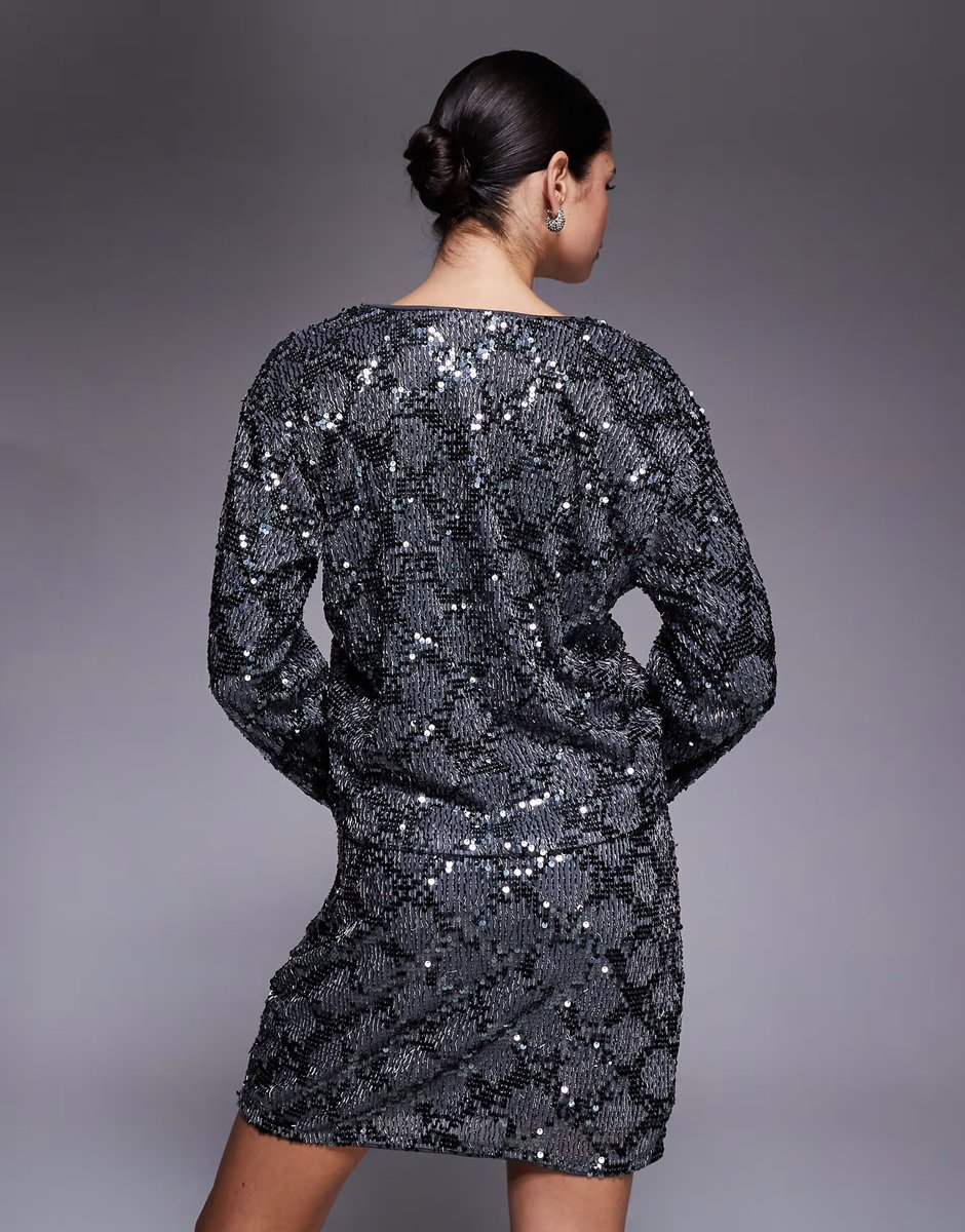 ASOS Object tie front contrast sequin top co-ord in dark silver - 4