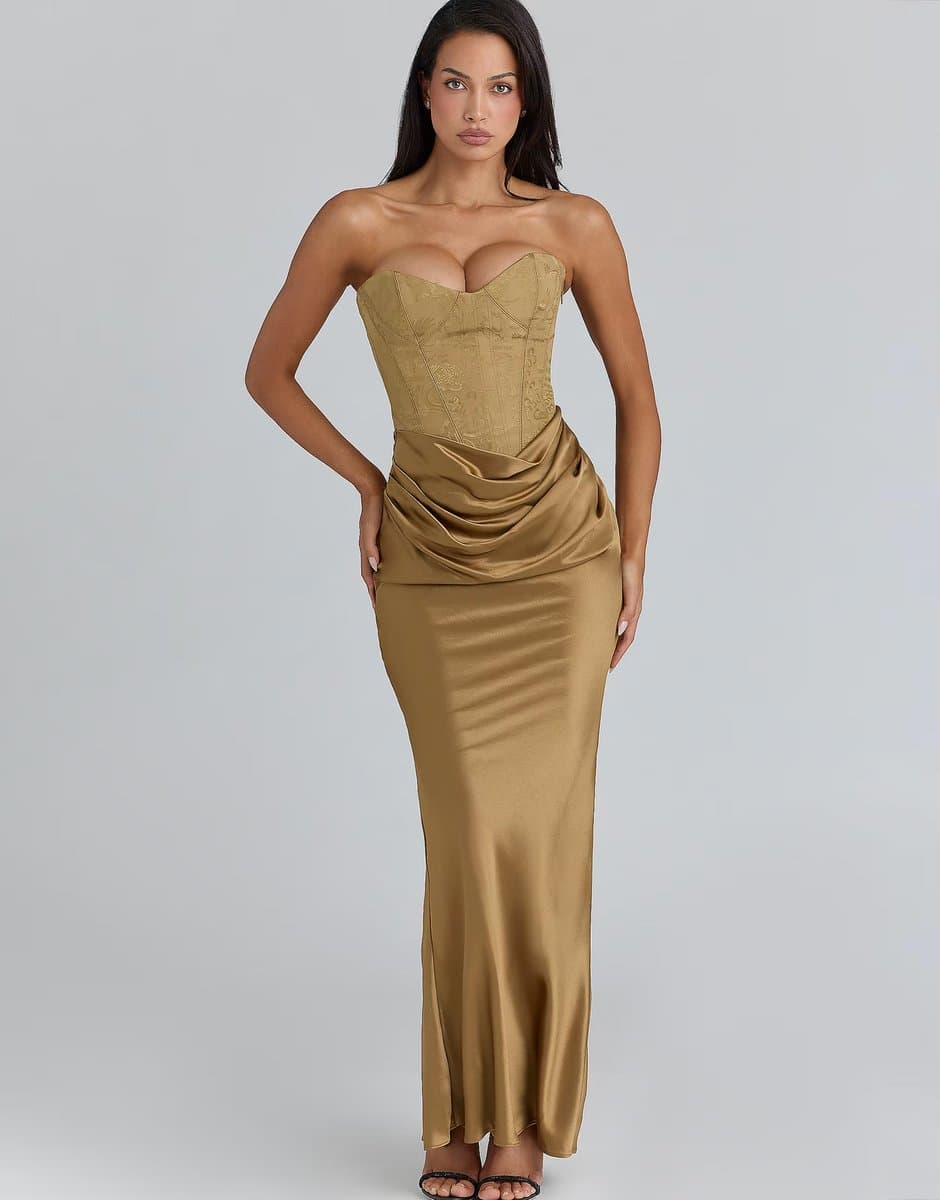 ASOS House of CB Aurelia bronze brocade satin corset maxi dress in bronze
