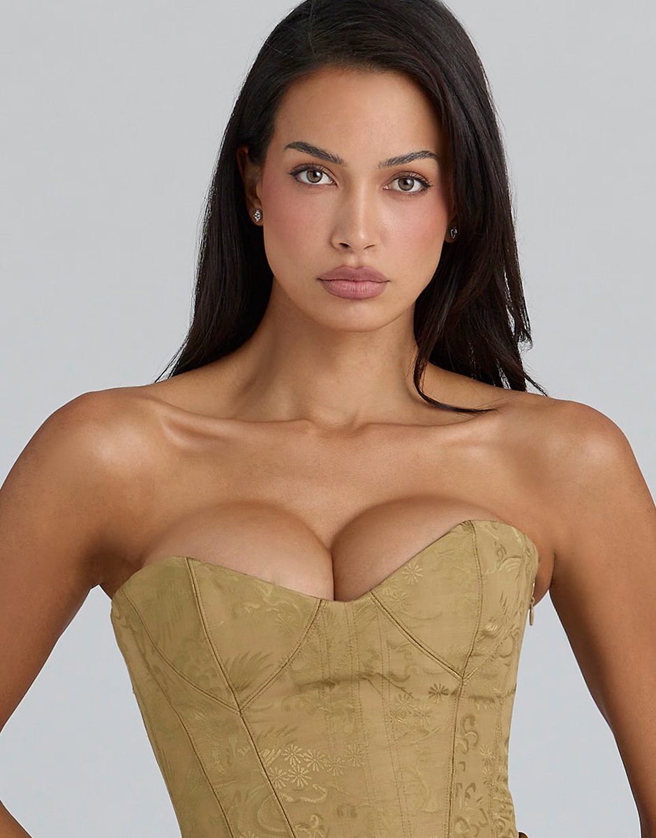 ASOS House of CB Aurelia bronze brocade satin corset maxi dress in bronze - 2