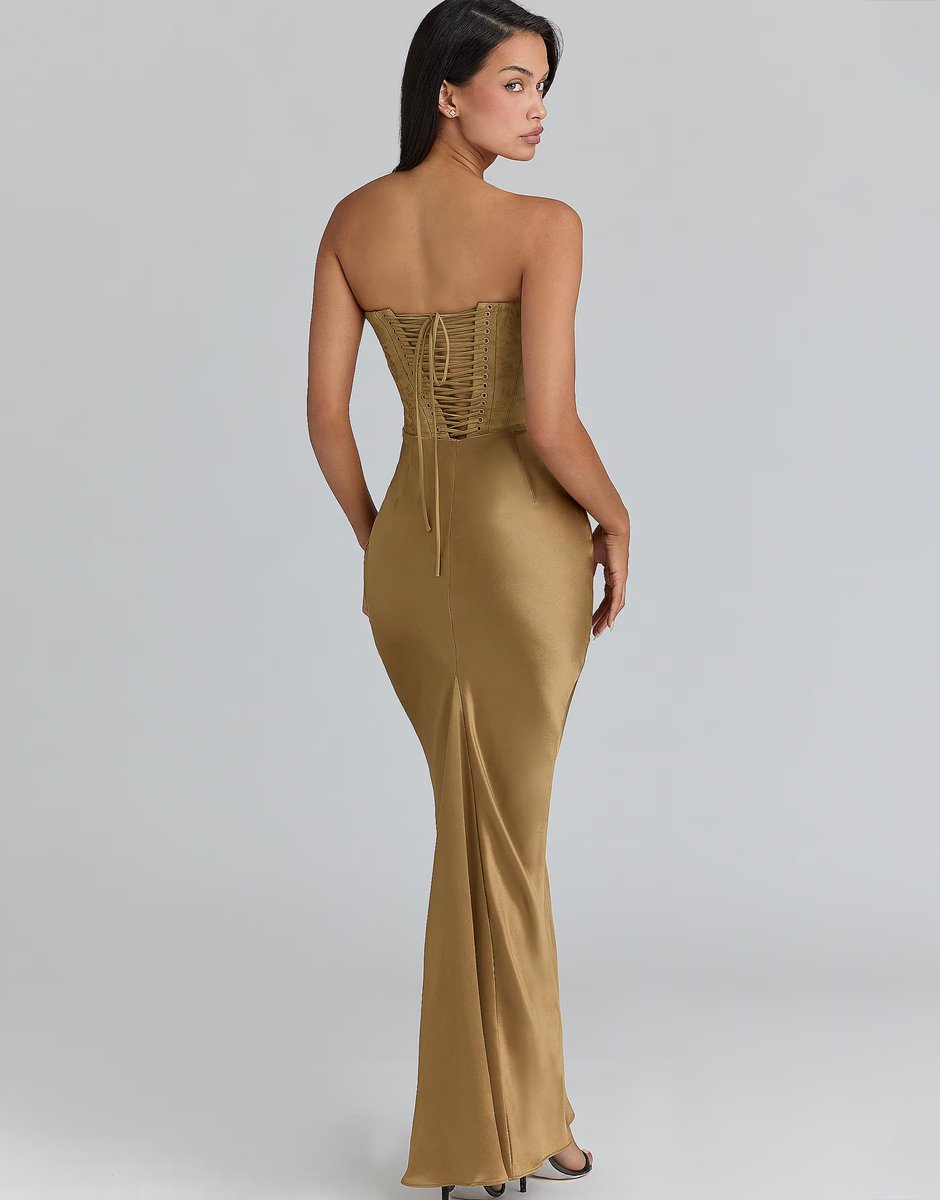 ASOS House of CB Aurelia bronze brocade satin corset maxi dress in bronze - 3