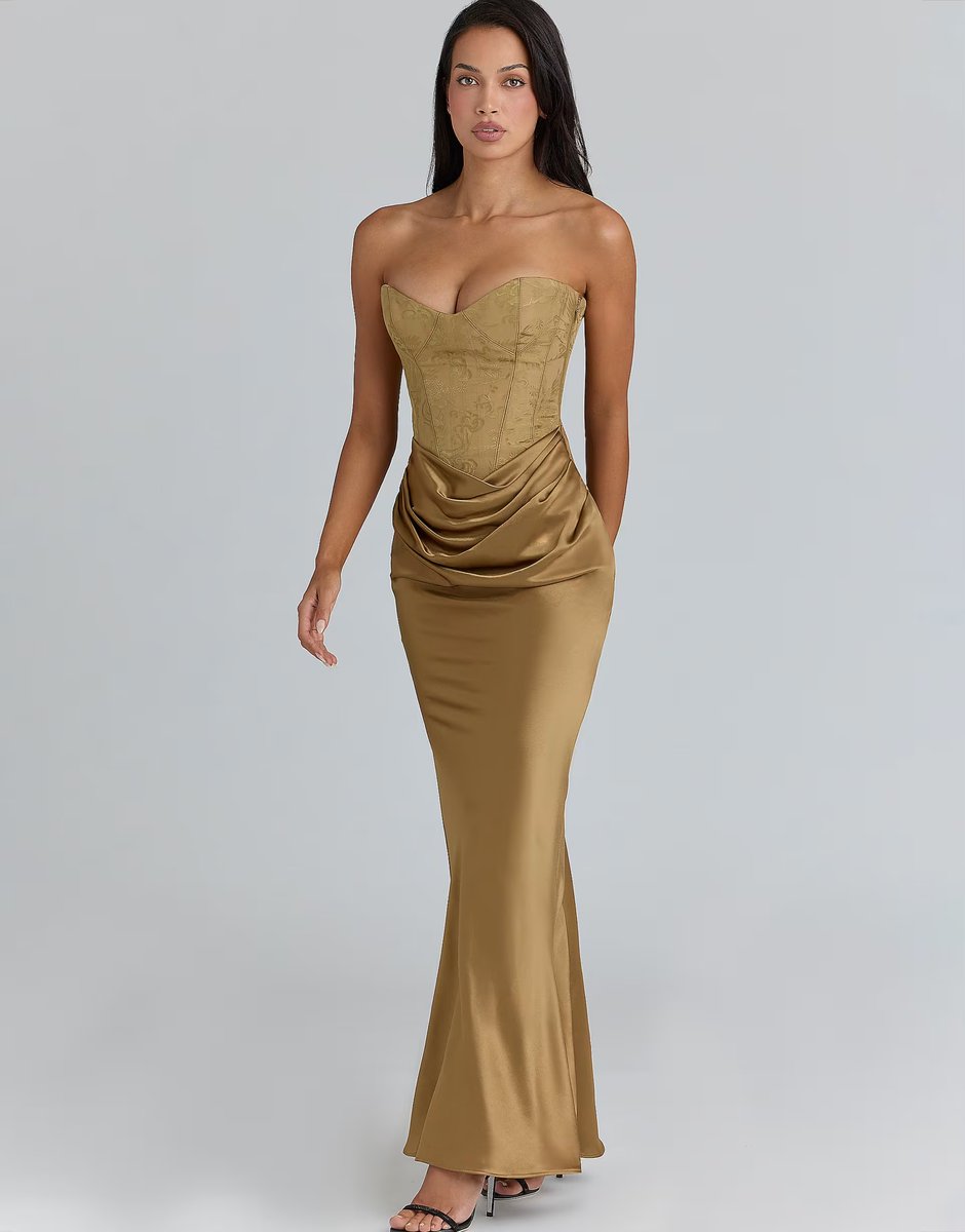 ASOS House of CB Aurelia bronze brocade satin corset maxi dress in bronze - 4