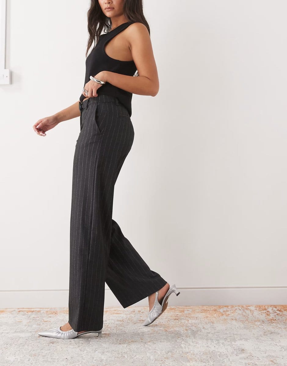 ASOS Monki mid waist wide leg tailored trousers in dark grey with glitter stripe - 1