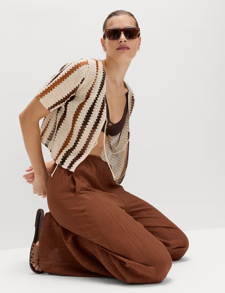 Marks & Spencer M&S Crinkle Elasticated Waist Wide Leg Trousers Chestnut - 4