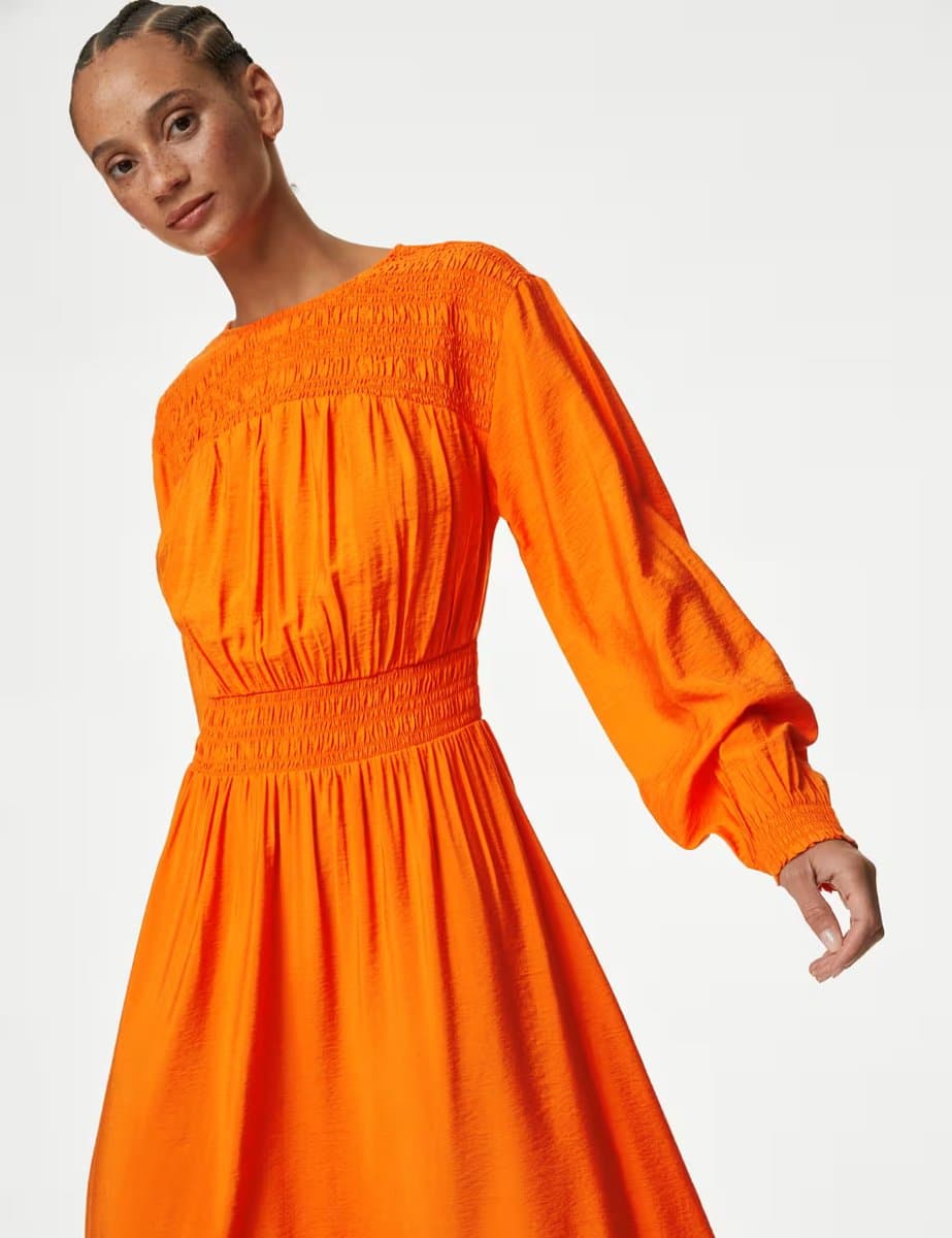 Marks & Spencer M&S Round Neck Ruched Midi Waisted Dress Orange