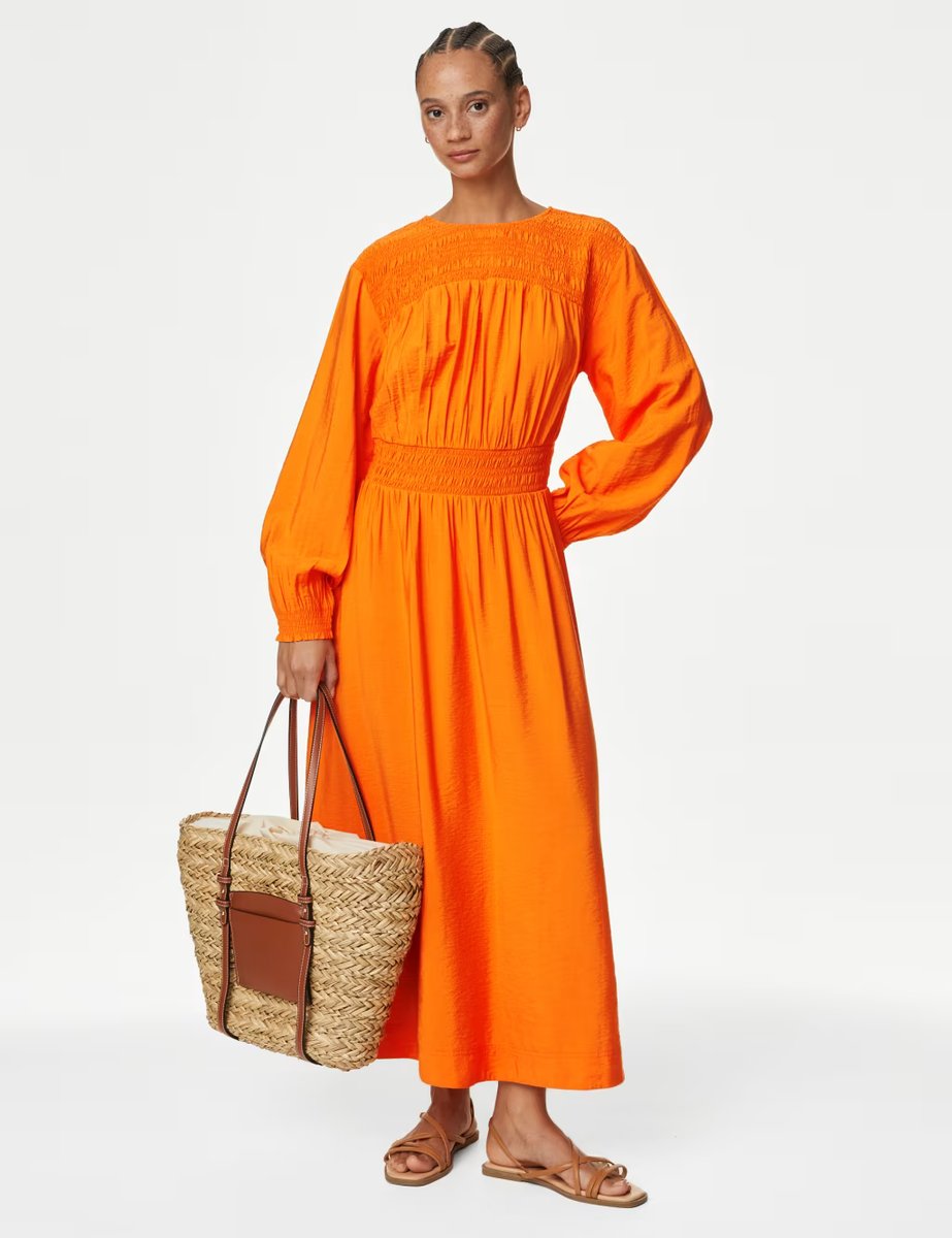 Marks & Spencer M&S Round Neck Ruched Midi Waisted Dress Orange - 2