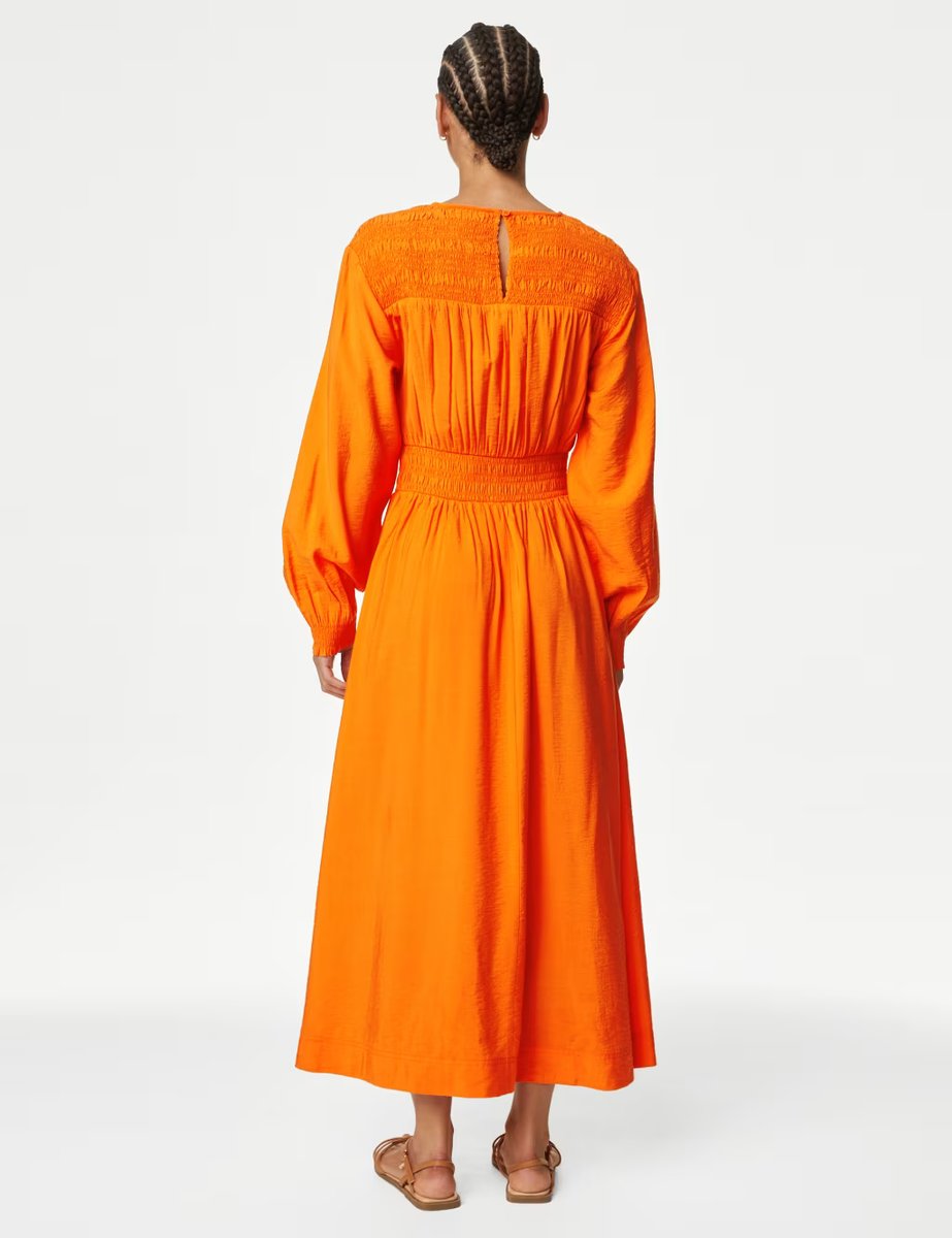 Marks & Spencer M&S Round Neck Ruched Midi Waisted Dress Orange - 3