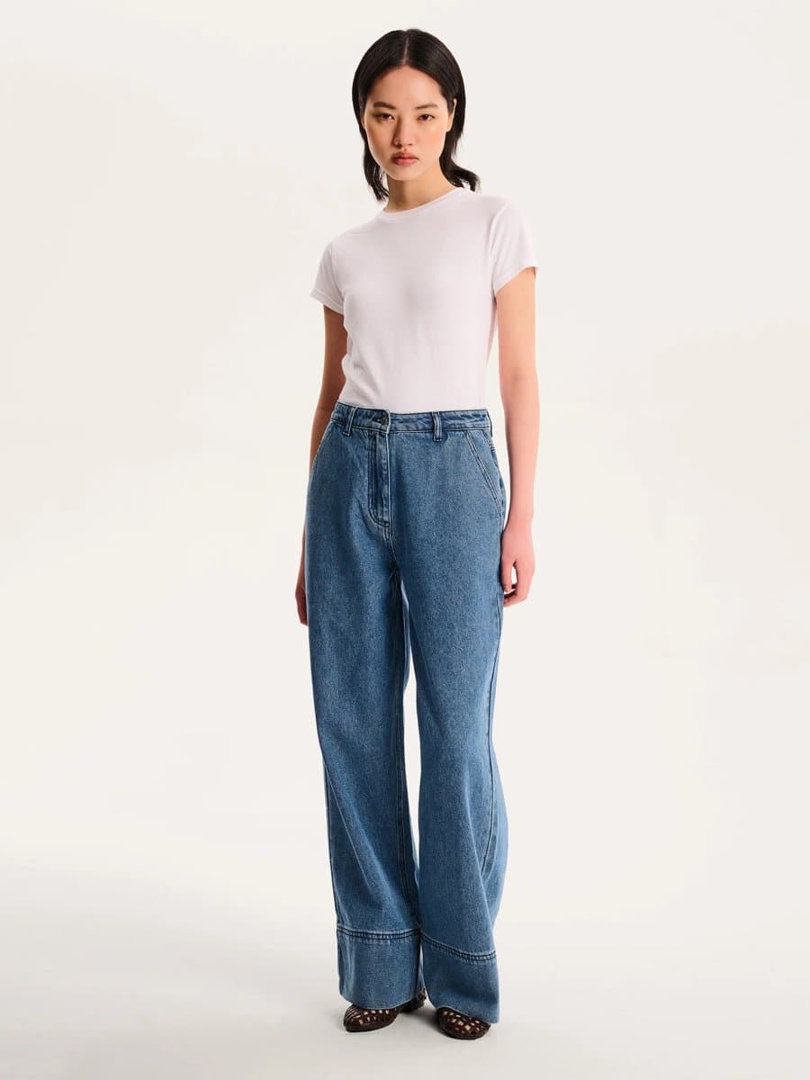 OMNES Portland Embroidered Jean in Mid Wash