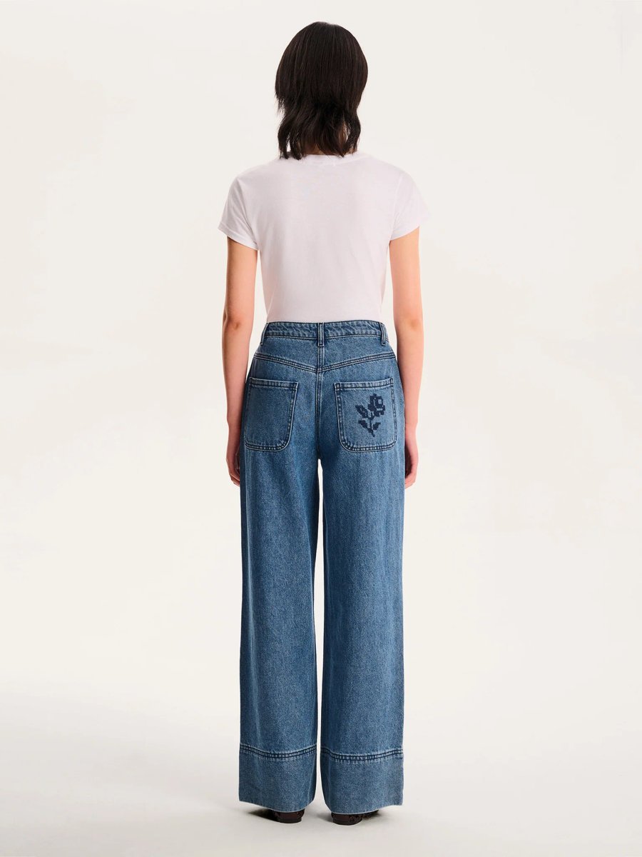 OMNES Portland Embroidered Jean in Mid Wash - 4