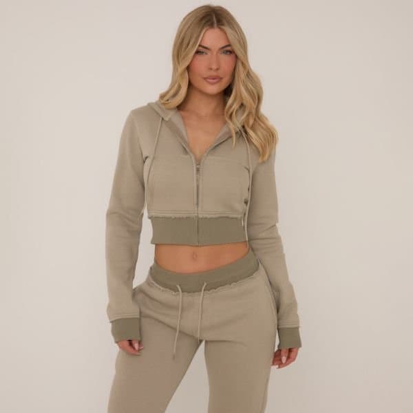 EGO Contrast Distressed Detail Cropped Zip Up Hoodie In Washed Green, Women's Size UK 4