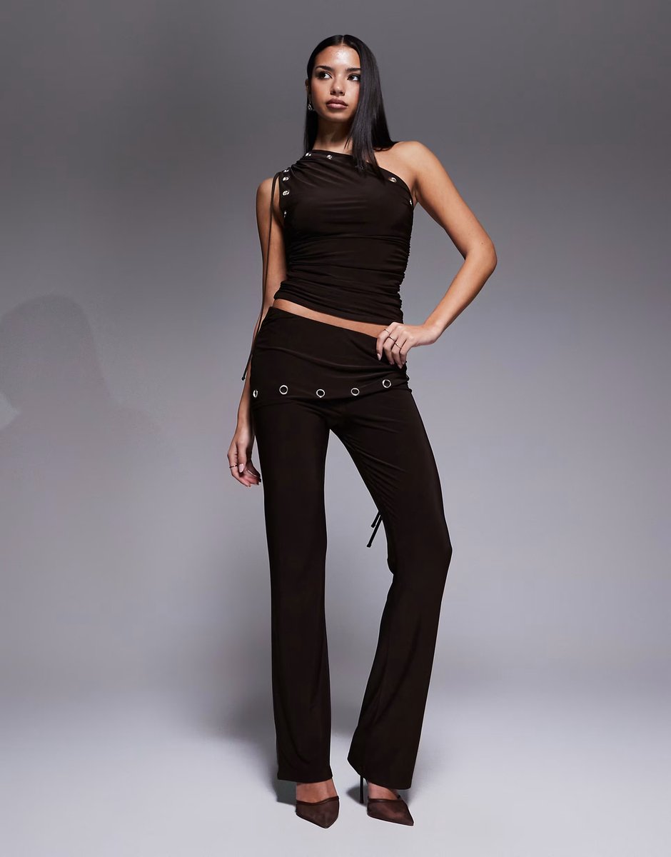 ASOS Kaiia exclusive double layered slinky eyelet detail ruched one shoulder top co-ord in chocolate - 2