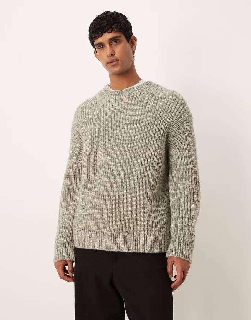 ASOS ARKET chunky wool ribbed crew neck jumper in grey and green multi - 1