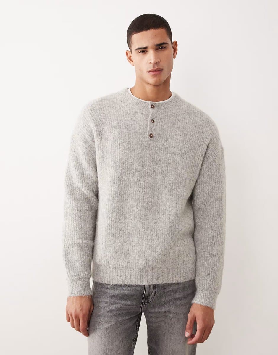 ASOS ASOS DESIGN Grey Wool Mix Henley Jumper