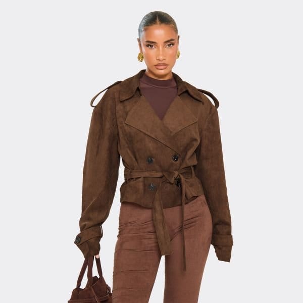 EGO Long Sleeve Tie Belt Detail Jacket In Chocolate Brown Faux Suede, Women's Size UK 4 - 1