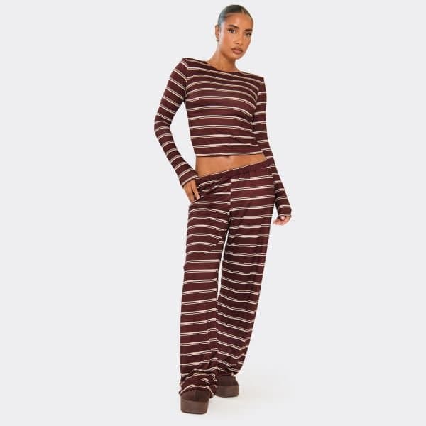EGO Mid Rise Wide Leg Trousers In Brown Stripe, Women's Size UK 6