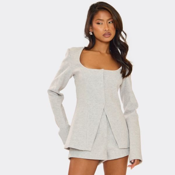 EGO Long Sleeve Scoop Neck Split Hem Wool Look Top In Light Grey, Women's Size UK 6 - 2