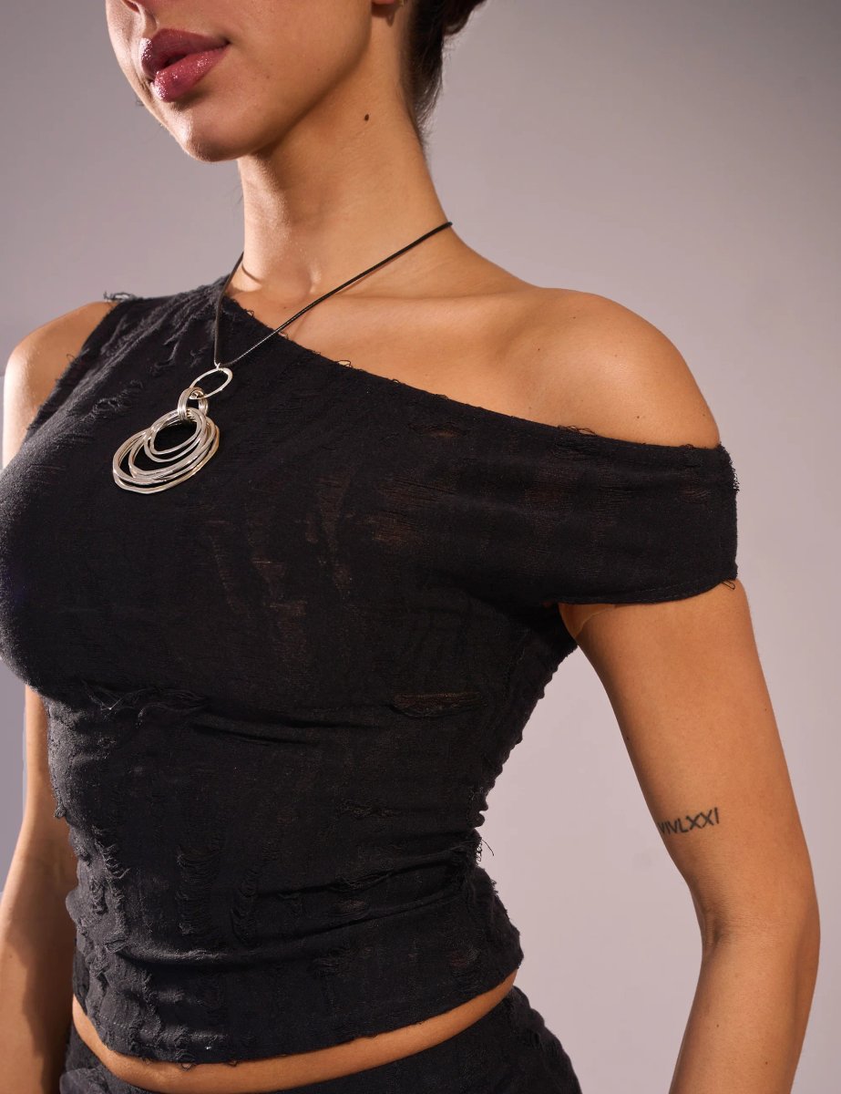 Public Desire Distressed Off Shoulder Top Black - 2