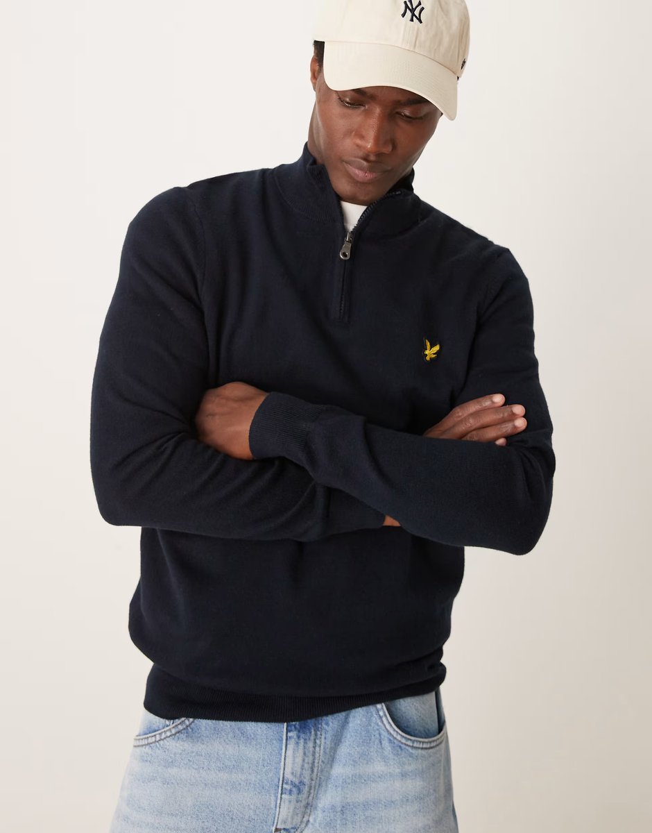 ASOS Lyle & Scott merino quarter zip jumper in navy - 1