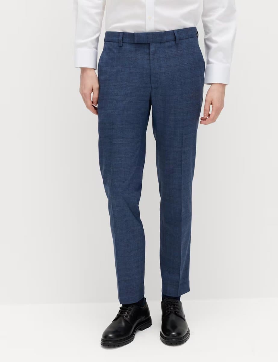 Marks & Spencer M&S Slim Fit Textured Check Stretch Trousers Mid Blue