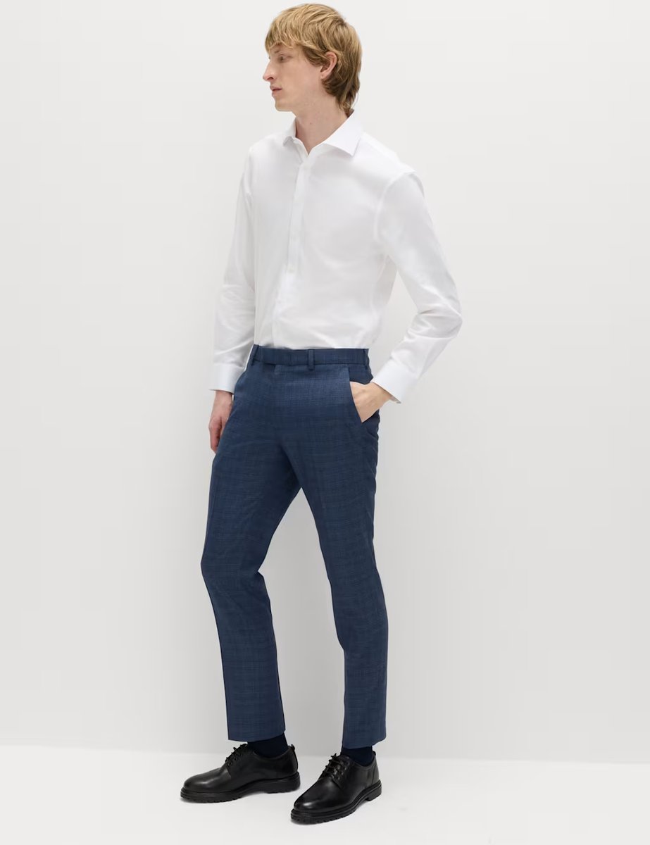 Marks & Spencer M&S Slim Fit Textured Check Stretch Trousers Mid Blue - 2