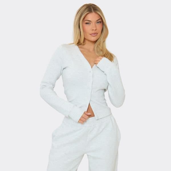 EGO Long Sleeve V Neck Button Up Top In Light Grey Marl, Women's Size UK 6