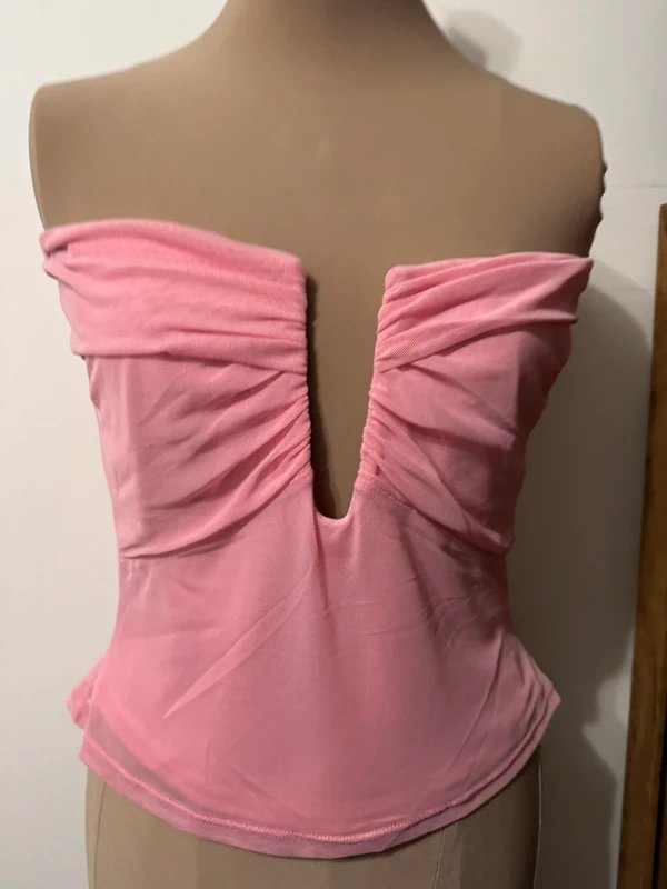 ASOS Design bubblegum sweet pink off shoulder bardot v boned mesh top size 10 - 4