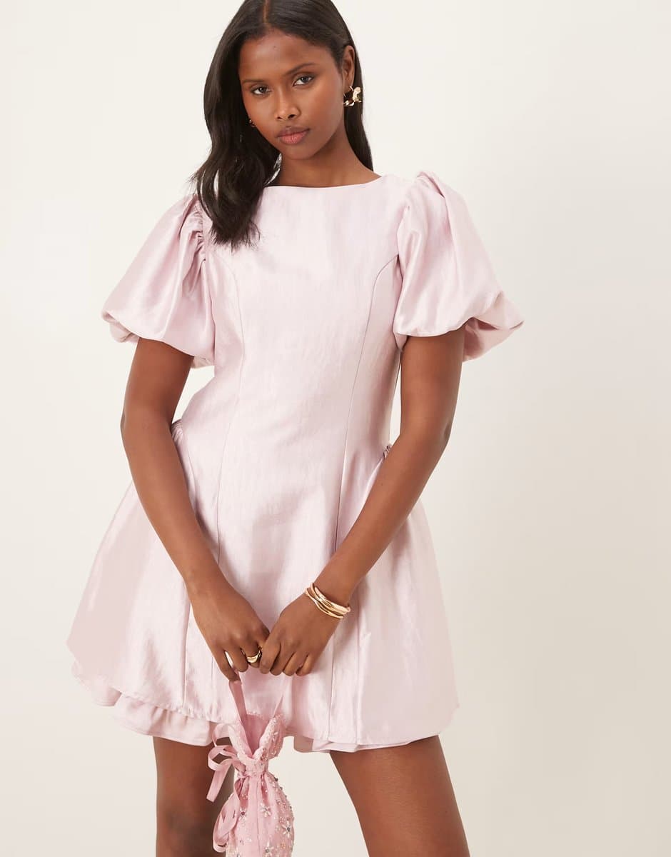 ASOS Sister Jane Nouveau puff sleeve ruffle mini dress in light pink