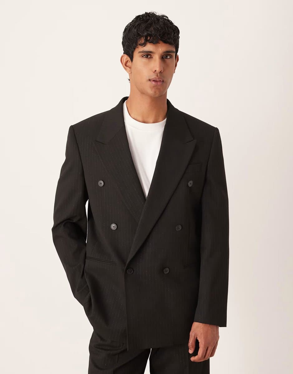 ASOS ASOS DESIGN relaxed suit jacket in black metallic pinstripe