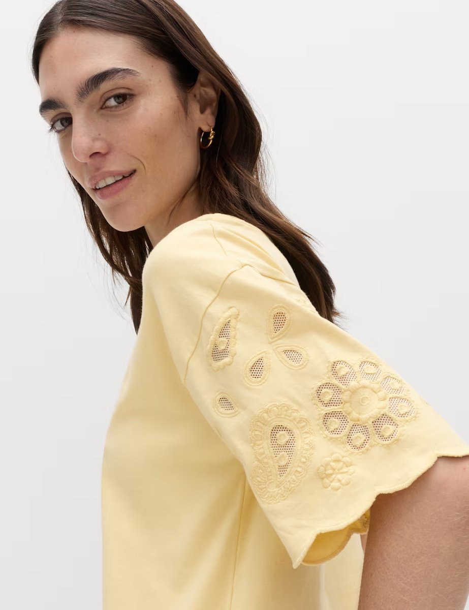 Marks & Spencer M&S Pure Cotton Broderie Boxy T-Shirt Yellow - 2