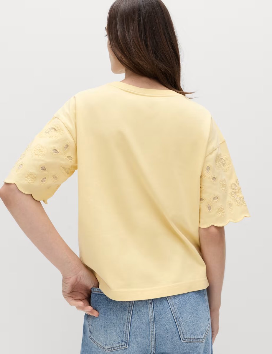 Marks & Spencer M&S Pure Cotton Broderie Boxy T-Shirt Yellow - 3
