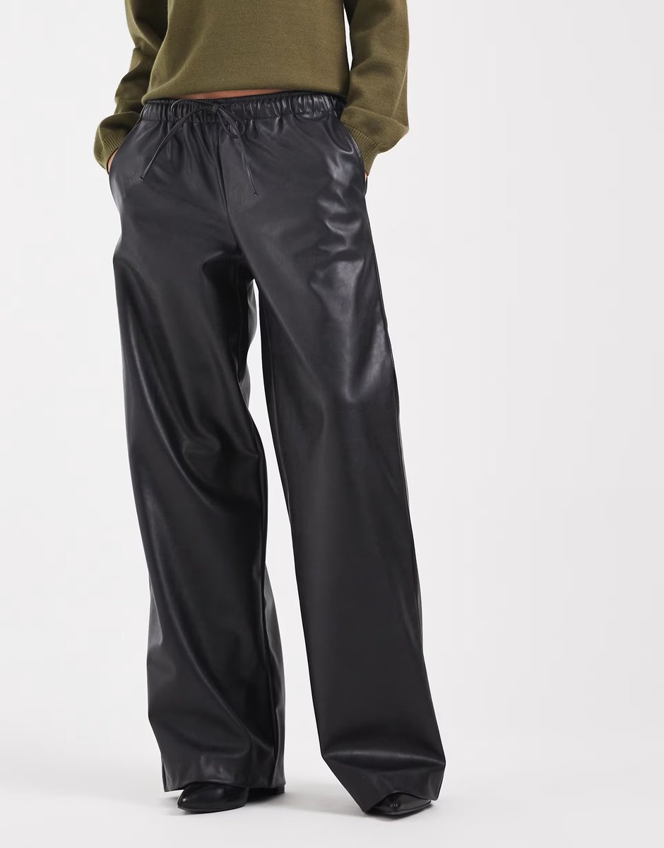 ASOS Vero Moda Petite tie waist wide leg faux leather trouser in black - 3