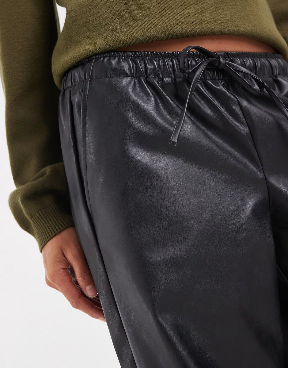 ASOS Vero Moda Petite tie waist wide leg faux leather trouser in black - 4
