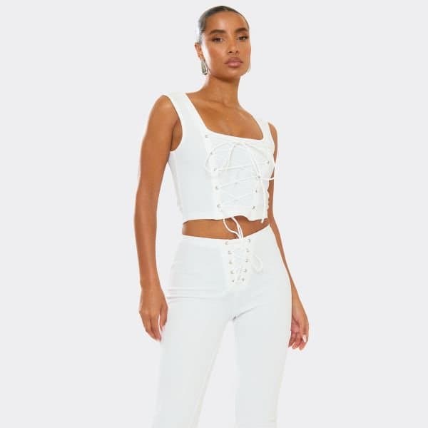 EGO Square Neck Tie Front Detail Top In White, Women's Size UK 6