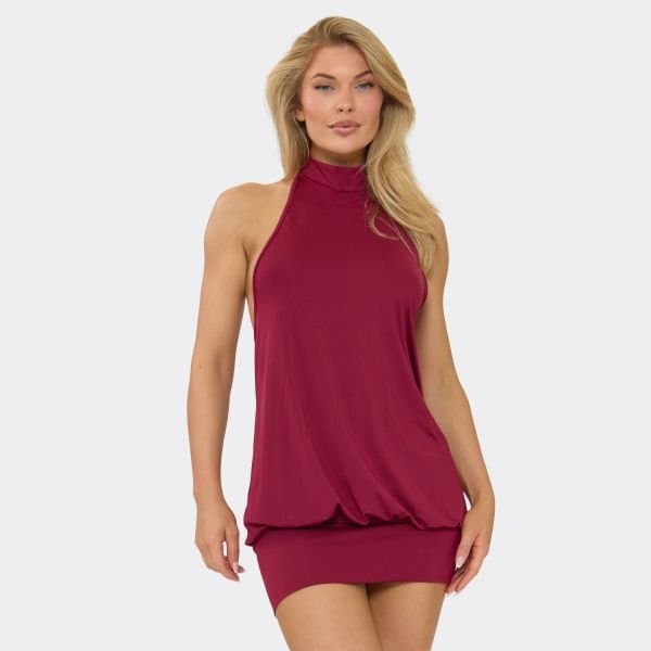 EGO High Neck Open Back Skirt Detail Mini Dress In Burgundy, Women's Size UK Large L
