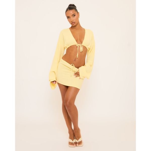 EGO Mid Rise Tie Waist Detail Mini Skirt In Yellow Linen, Women's Size UK 6 - 2