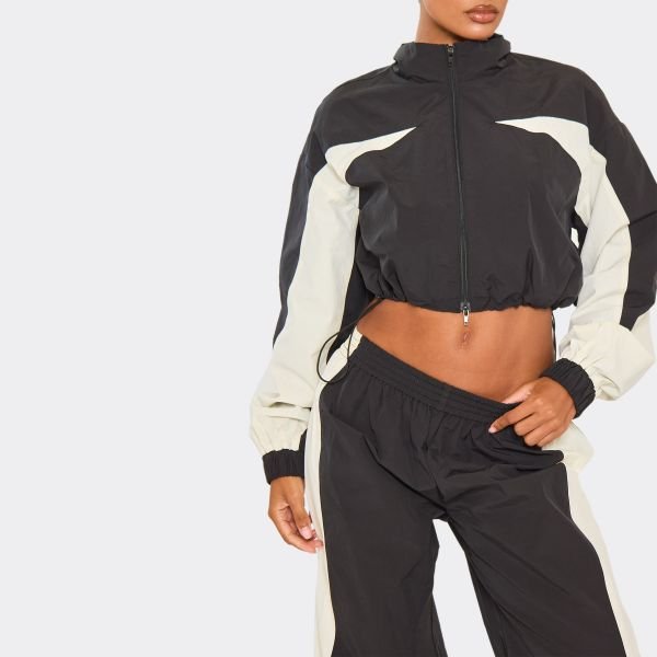 EGO Long Sleeve Contrast Panel Detail Toggle Hem Zip Up Cropped Jacket In Black Shell, Women's Size UK 4 - 2