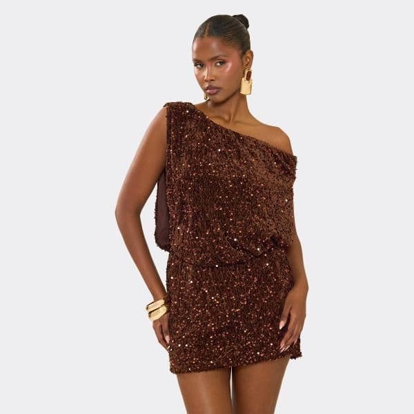 EGO Off The Shoulder Blouson Mini Dress In Brown Velvet Sequin, Women's Size UK 6 - 2