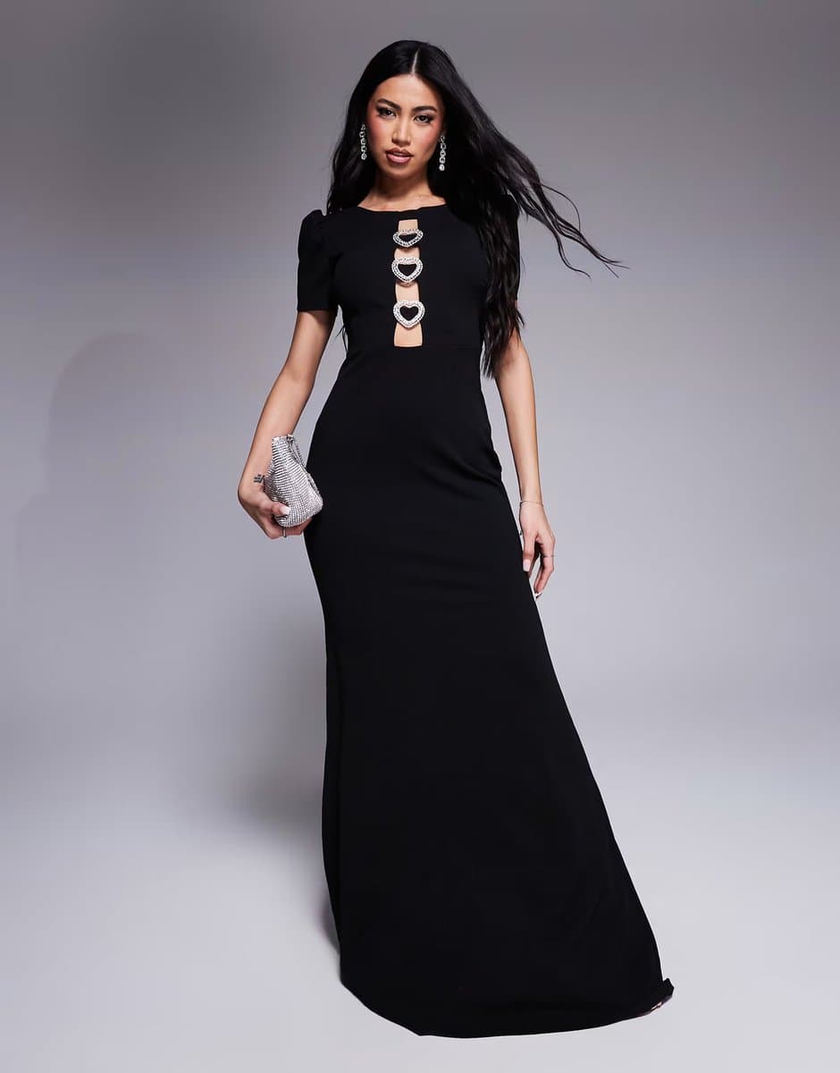 ASOS Goddiva Diamante embellished heart brooch maxi dress in black in scuba style fabric