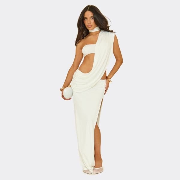 EGO Scarf Drape Cut Out Detail Maxi Dress In Cream Slinky, Women's Size UK 6 - 1