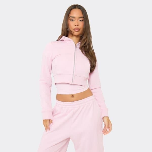 EGO Long Sleeve Fitted Zip Up Jacket In Baby Pink, Women's Size UK 6