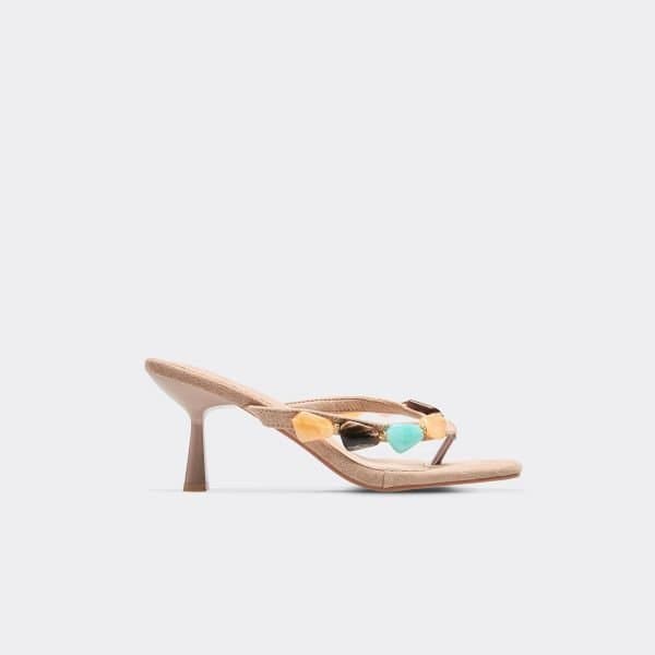 EGO Barrett Gem Thong Strap Heeled Mule In Nude Faux Suede, Women's Size UK 3
