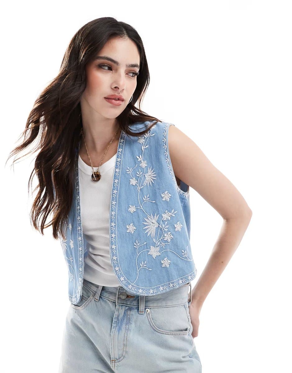 ASOS ASOS DESIGN soft denim embroidery waistcoat in mid blue
